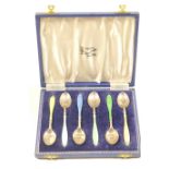 Set of six enamelled silver coffee spoons, maker HCD, Birmingham 1960, cased