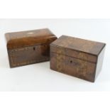 Victorian walnut and parquetry inlaid tea caddy, domed rectangular form, the hinged cover centred