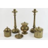 Indian damascene dressing table set, circa 1900, the heavy brassware finely chased with Kashmiri