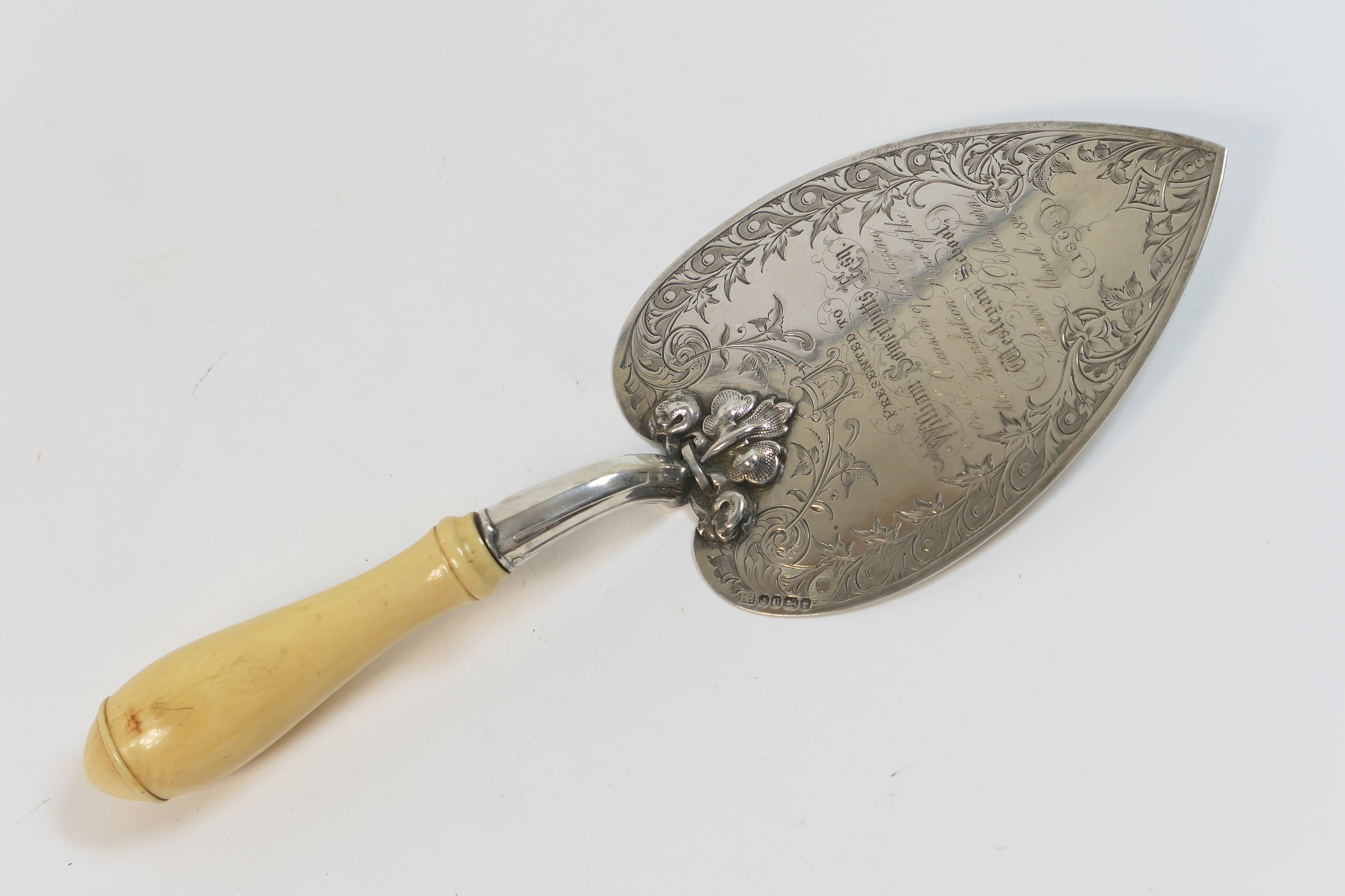 Victorian silver presentation trowel, Sheffield 1862, typically inscribed for laying the foundations
