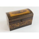 Victorian Tunbridge ware and rosewood dome topped tea caddy, circa 1850, worked with bands of