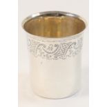 French silver beaker, early 19th Century, cylinder form with slightly flared rim, with an engraved
