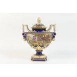 Sevres soft paste pot pourri vase and cover, flattened urn form with double handles and pierced