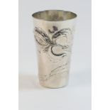 Continental 800 standard silver commemorative beaker, tapered cylinder form worked with lilies and