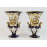 Pair of Victorian china vases, circa 1845, of slender campagna form, decorated with a landscape
