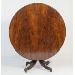 William IV mahogany tilt top breakfast table, the well figured flame mahogany circular top with