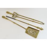 Good set of Victorian brass fire irons, each with wrythen knopped handle, the tongs 81cm