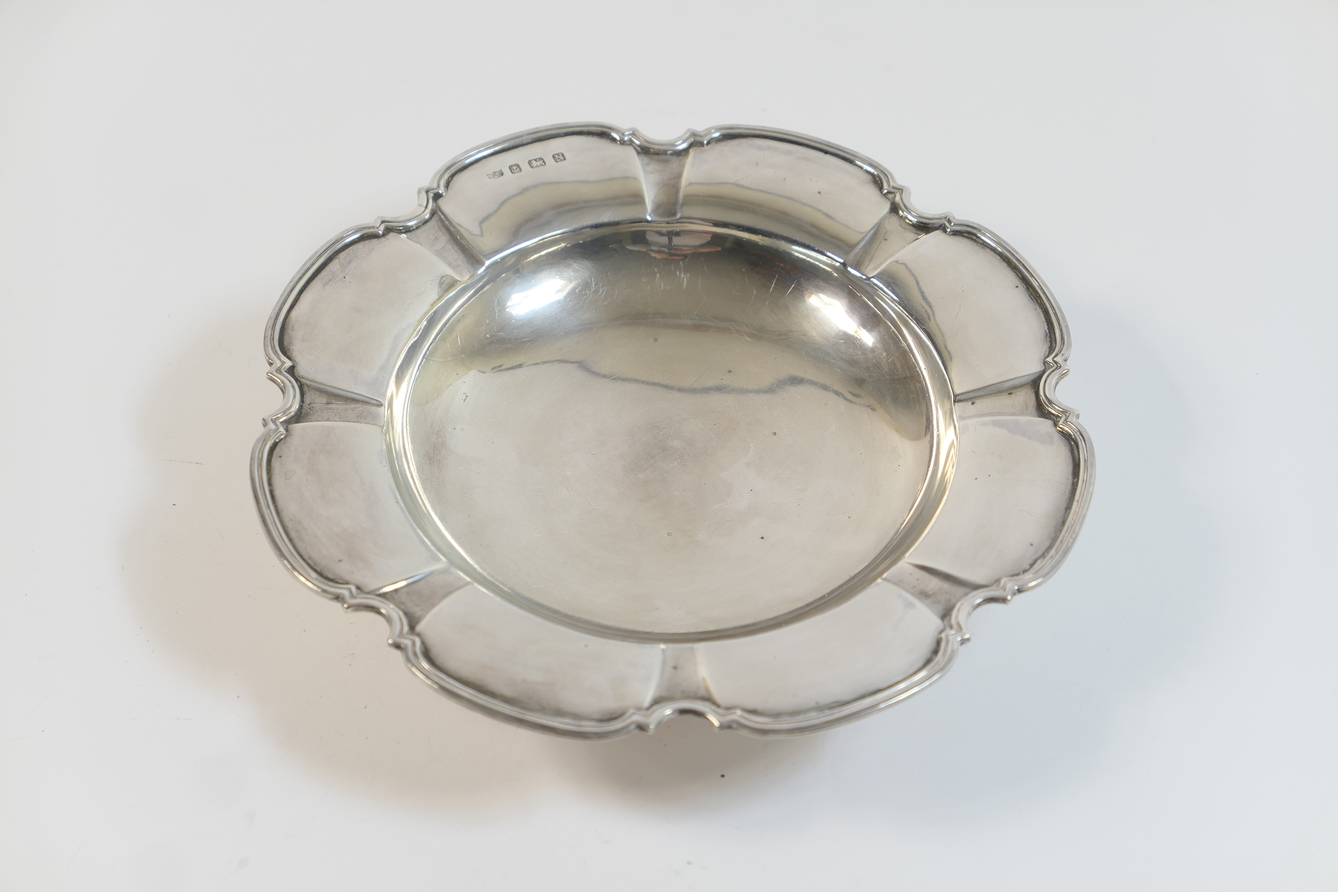 George VI silver dish, by Mappin & Webb, Birmingham 1937, petalled circular form raised on a short