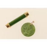 Chinese spinach jade pendant, mounted with an 18ct yellow gold loop, 29mm; also a nephrite bar