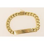 Middle Eastern made yellow gold identity bracelet, hollow flattened curb link form inscribed with