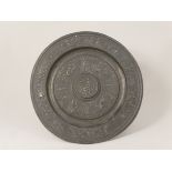 Nuremberg Temperantia pewter dish, early 17th Century, centred with a figure of Temperance holding a