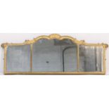 Victorian gilt moulded triptych overmantel mirror, with carved shell and C-scroll surround, width