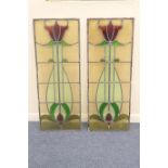 Pair of Edwardian leaded glass window lights, in Secessionist style, with panels of coloured