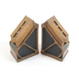 Pair of unusual Welsh hand made wooden bookends, in the form of coal chutes, height 19.5cm