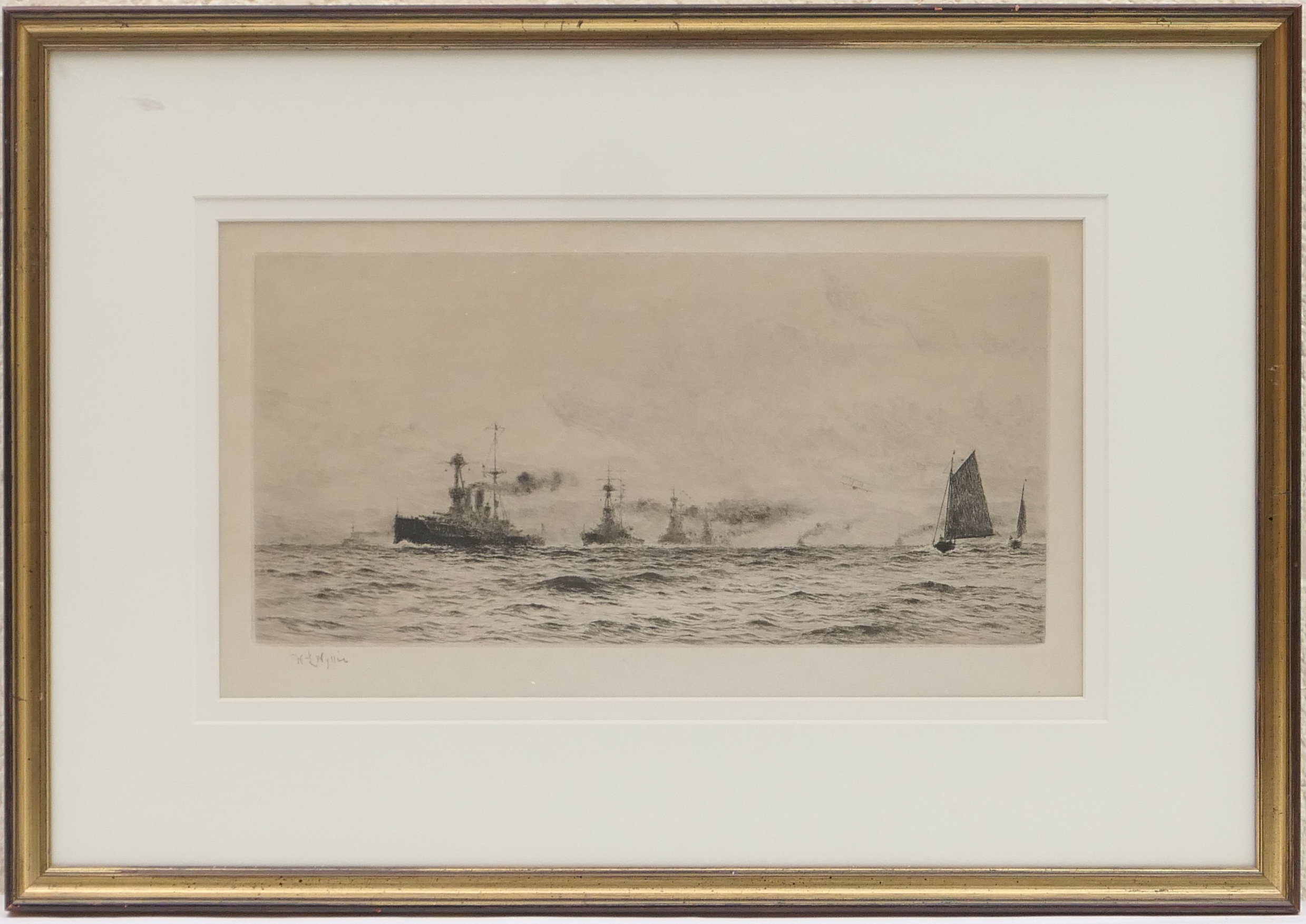 William Lionel Wyllie (1851-1931), Flotilla of gunships in the Channel, drypoint etching, signed