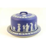 Wedgwood dark blue jasperware cheese dish and cover, decorated with classical figures and trailing