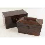 Early Victorian mahogany tea caddy, rectangular form opening to reveal two wooden caddy covers and a