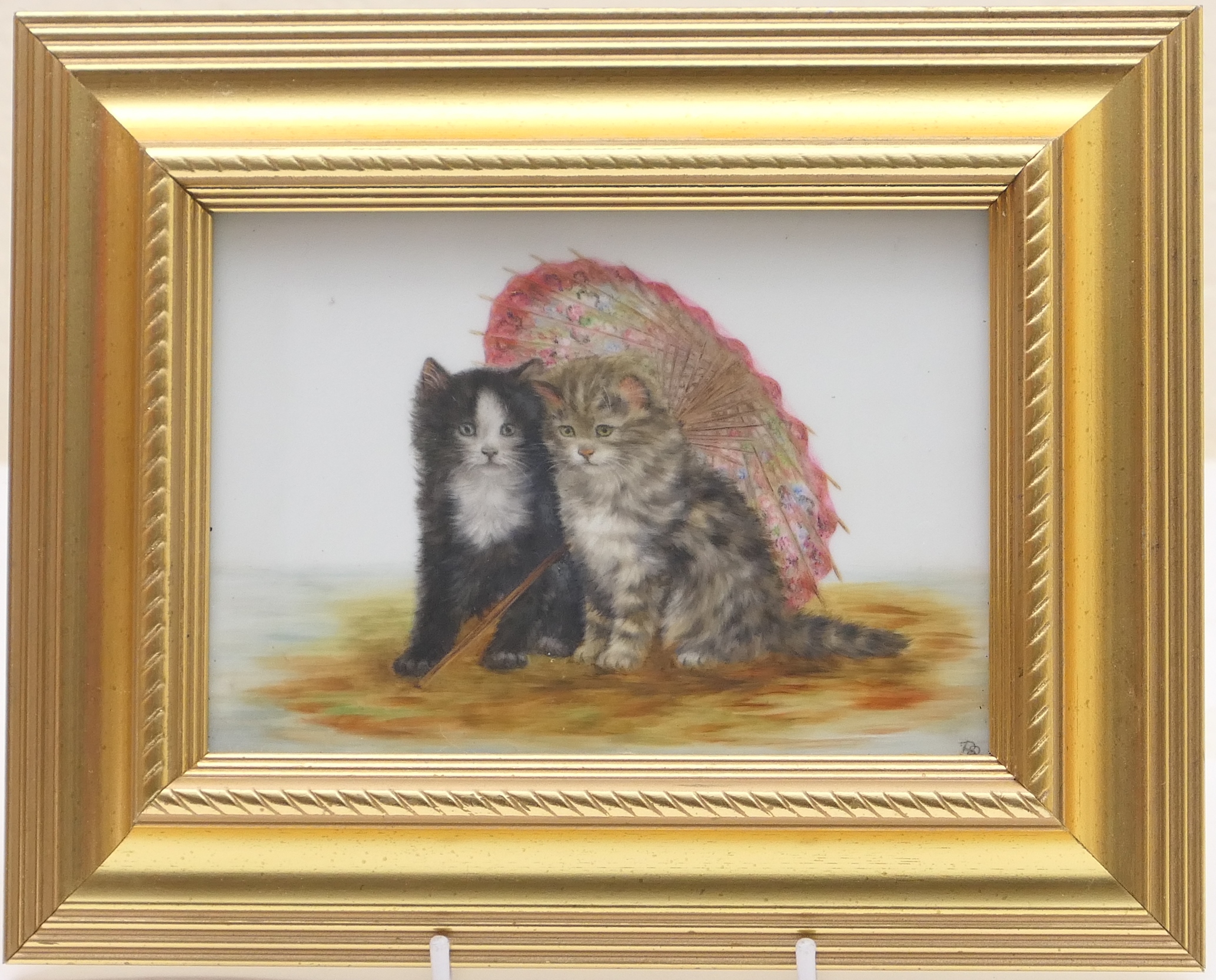 Bessie Bamber (1870-1910), Pair, 'Kittens with a parasol', and 'Kittens in a basket' oils on - Image 2 of 2