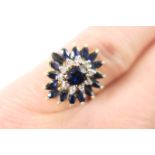 Sapphire and diamond cluster ring, the central oval cut sapphire bordered with tiny round