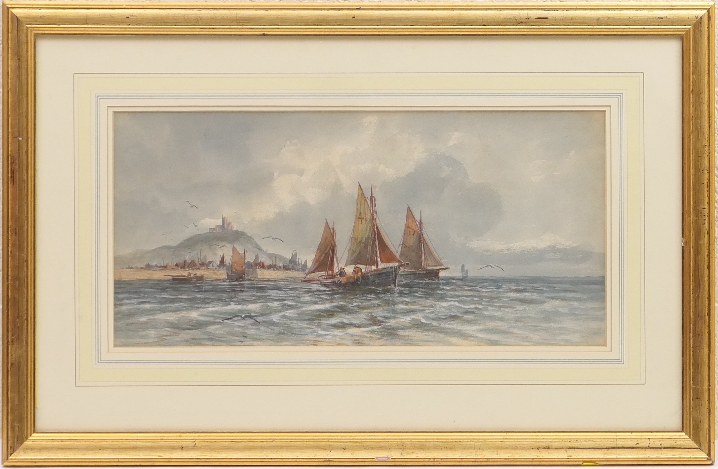 English School (circa 1900), Fishing smacks preparing to sail, watercolour, 25cm x 50cm