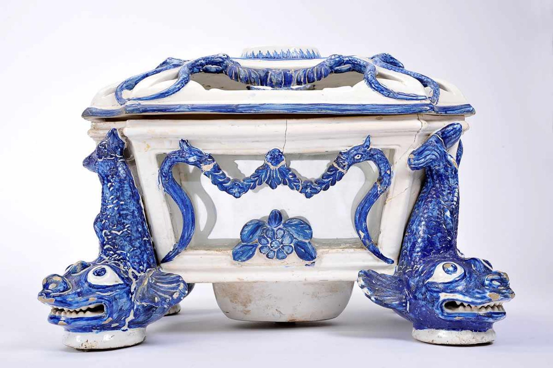 A Covered Fish Bowl, faience probably from the Miragaia Factory inspired by an original of the