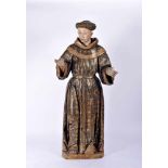 Saint Nicholas of Tolentino, gilt and polychrome wood sculpture, Spanish, 17th/18th C., restoration,