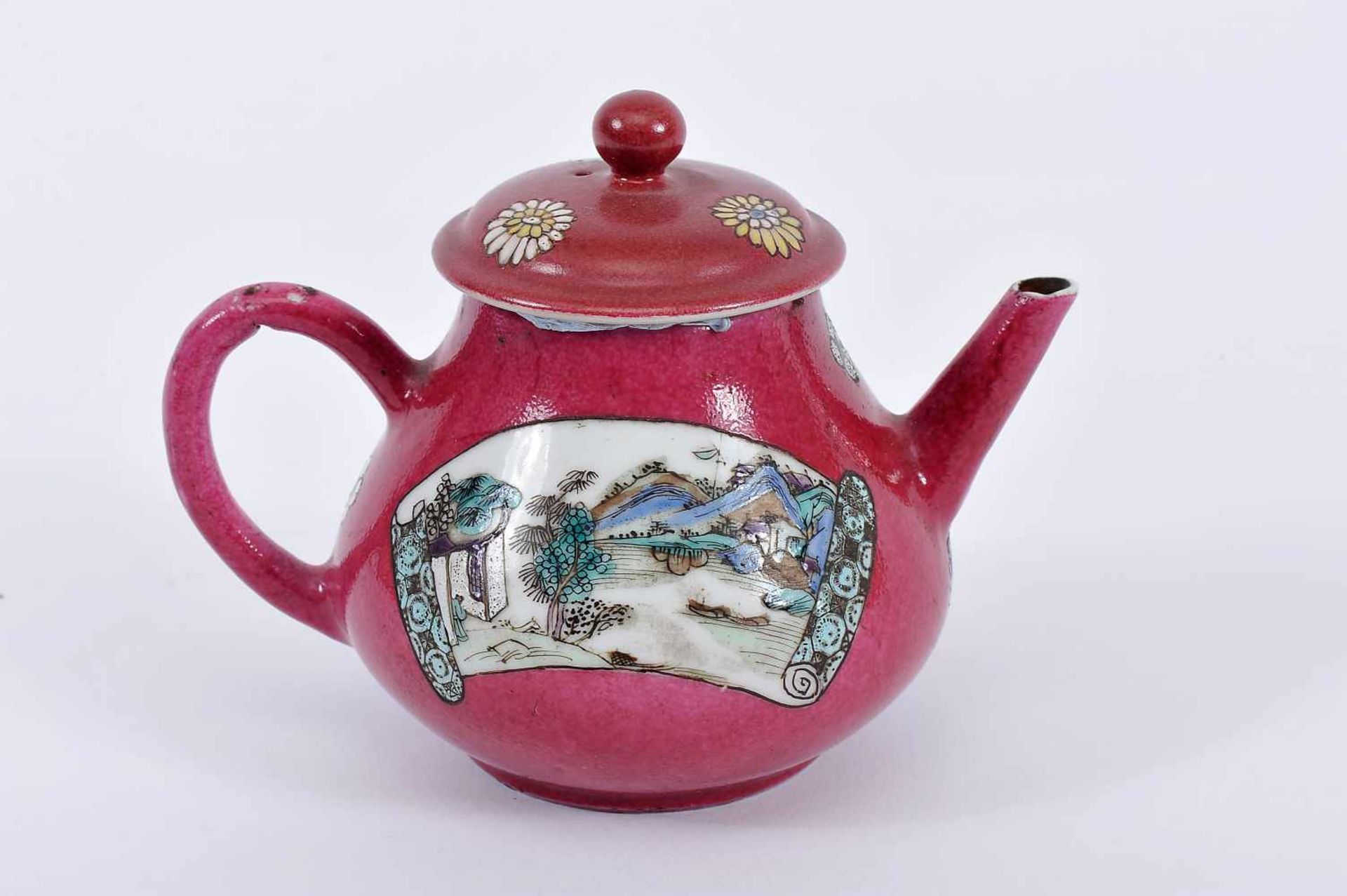 A Teapot, Chinese export porcelain, "ruby" decoration with polychrome reserves "Oriental