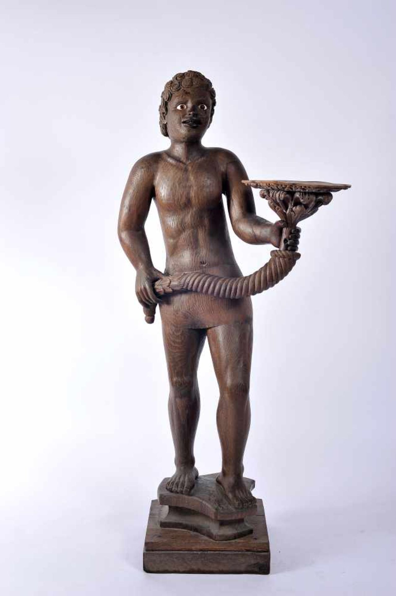 African holding Cornucopia, chestnut sculpture, Portuguese, 18th C. (1st half), restoration, minor