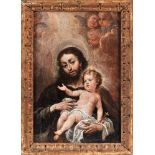 Saint Joseph with the Child Jesus, oil on canvas pasted on wood, Italian school, 18th C., minor