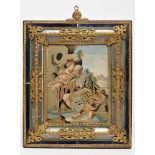 Saint Joseph with The Child Jesus, polychrome silk yarn embroidery on engraving, mirror and glass