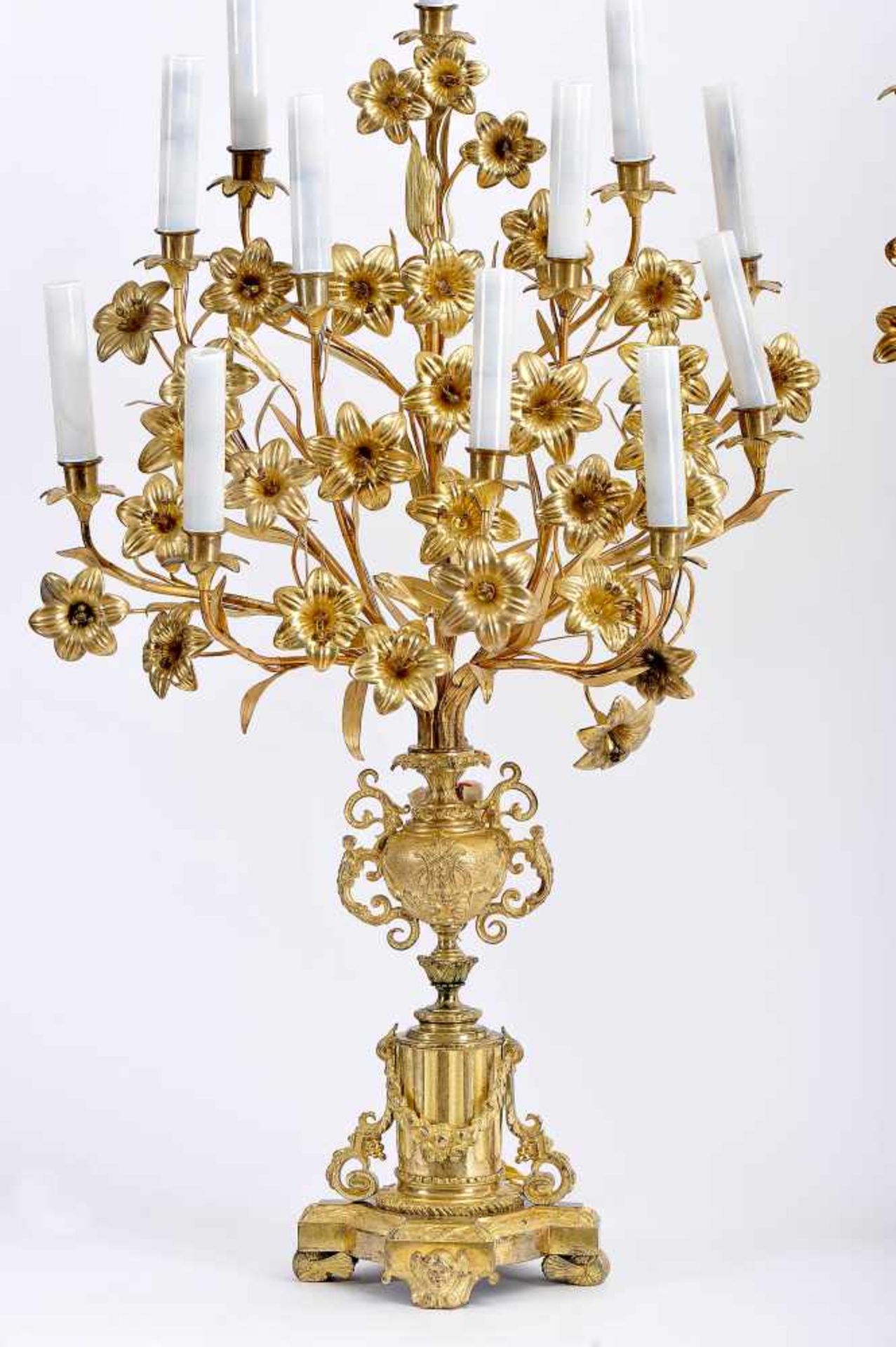Three Church Candelabra (two with Twelve-light and one with Seven-light), gilt and chiselled - Bild 2 aus 3