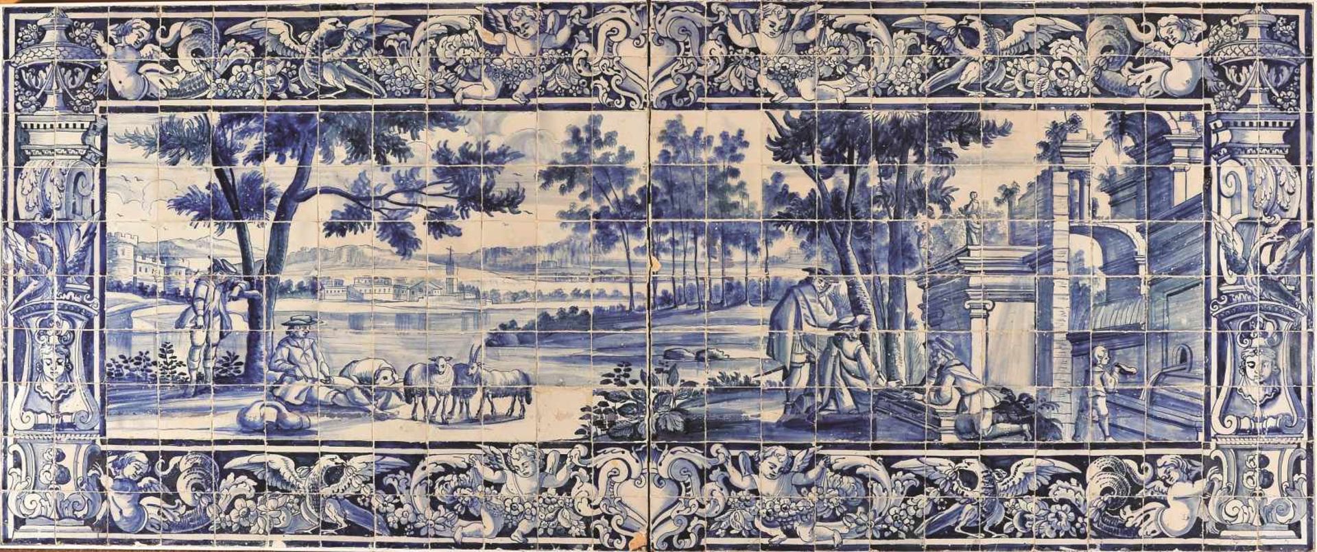 A COUNTRY SCENE, A 240 tiles panel, blue decoration, Portuguese, 18th C. (1732), restorations,