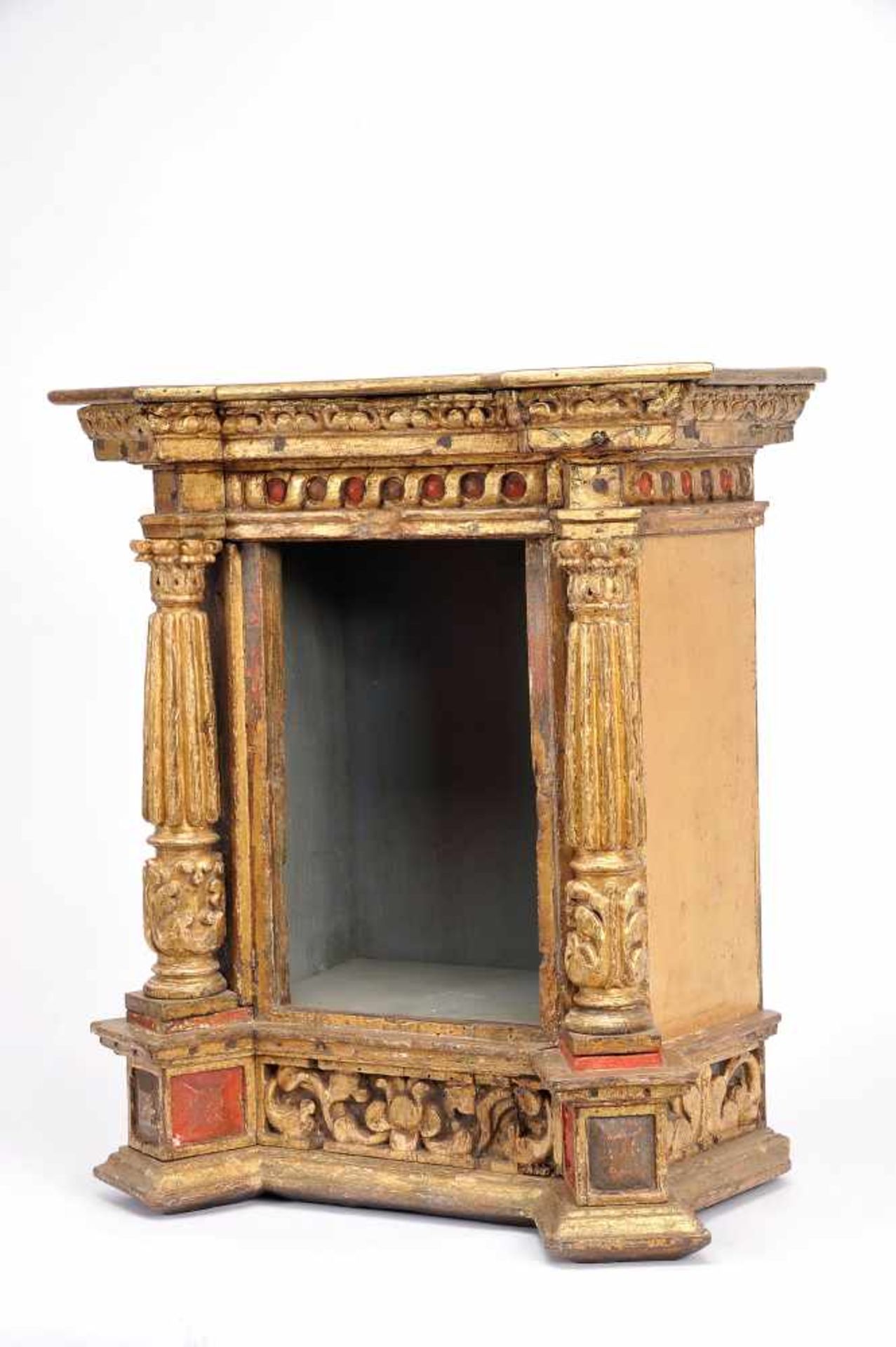 An Oratory, carved, painted and gilt wood, 18th C., restoration, traces of wood insects, Dim. - 57 x