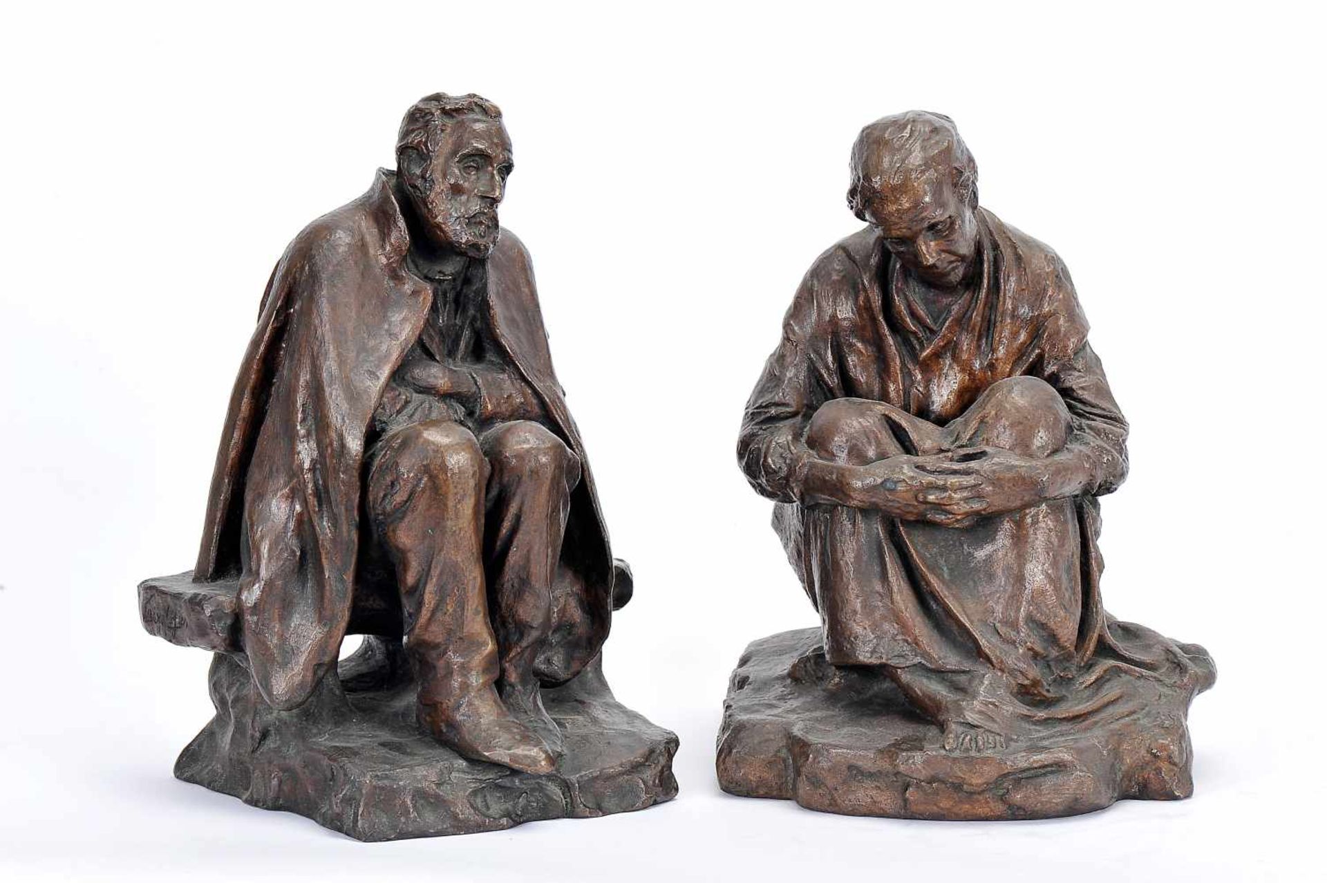 ANTÓNIO TEIXEIRA LOPES - 1866-1942, Elders, a pair of bronze sculptures, signed, one dated 1911,