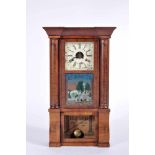 A Wall Clock, mahogany veneered oak case, painted metal dial with roman numerals and flowers,