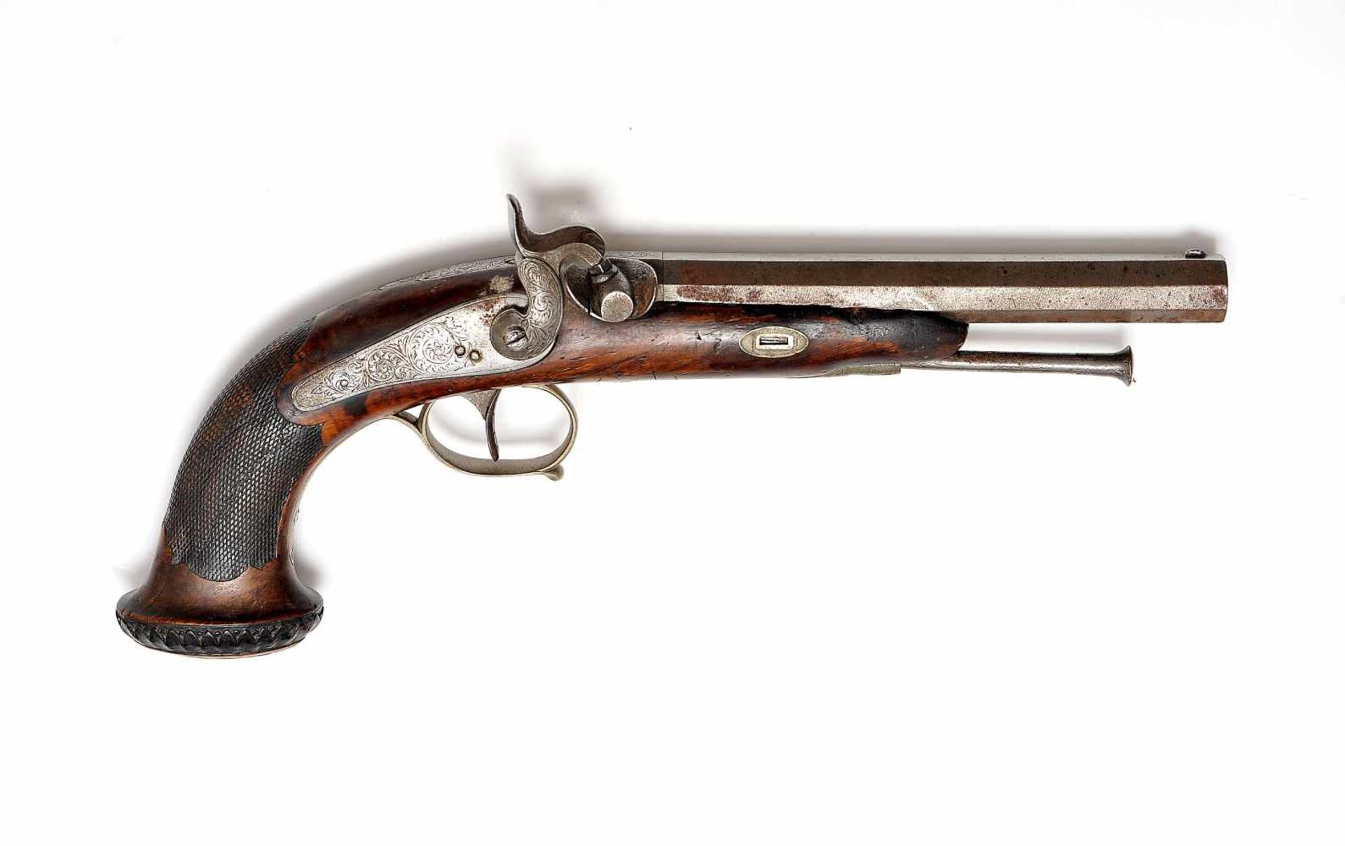 A Percussion Pistol, carved walnut and iron, engraved decoration, European, 19th C. (mid), Dim. - 34