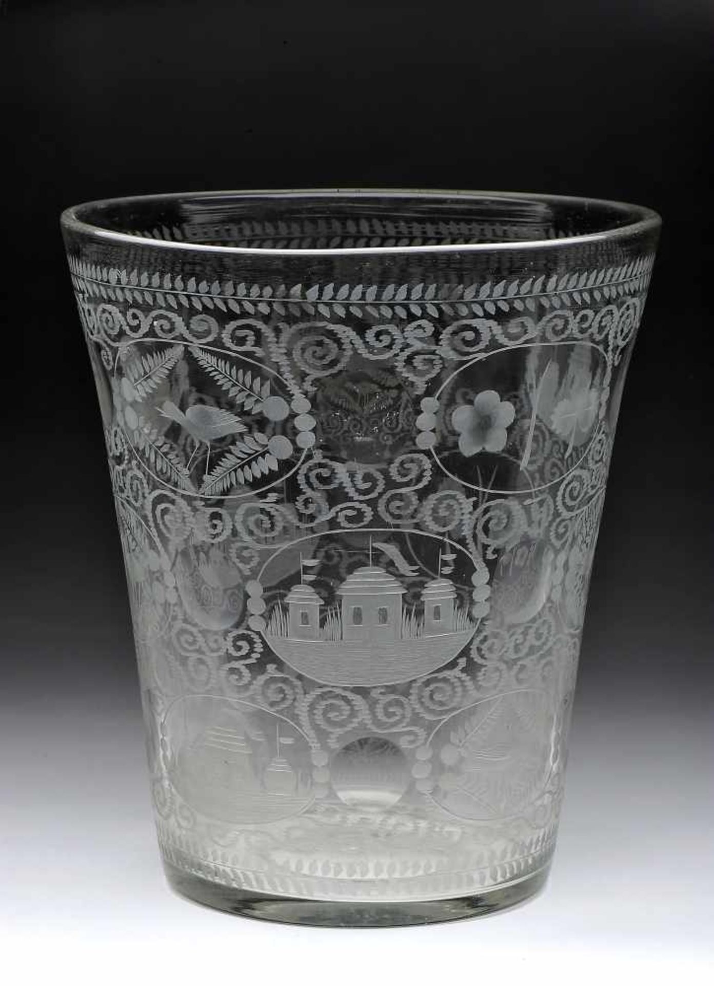 A Large Glass, glass, engraved decoration "Flowers", oval reserves "Buildings, birds and flowers",