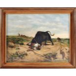 SIMÃO DA VEIGA - 1879-1963, Campino attacked by a bull, oil on canvas, signed, Dim. - 78 x 101 cm