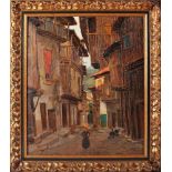 LUCIANO SANTOS - 1911-2006, A Street with Figures, oil on cardboard, signed, Dim. - 64 x 55 cm