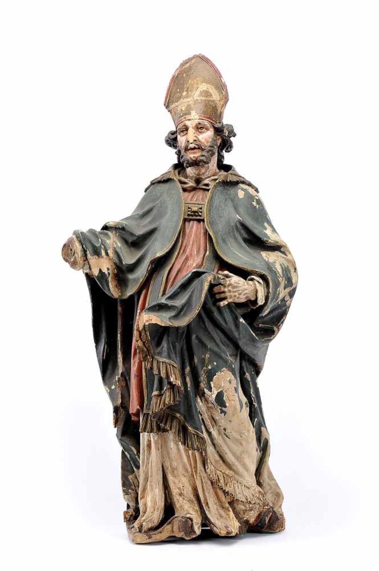 A Saint Bishop, polychrome wood sculpture with traces of gilding, European, 18th C. (1st half),