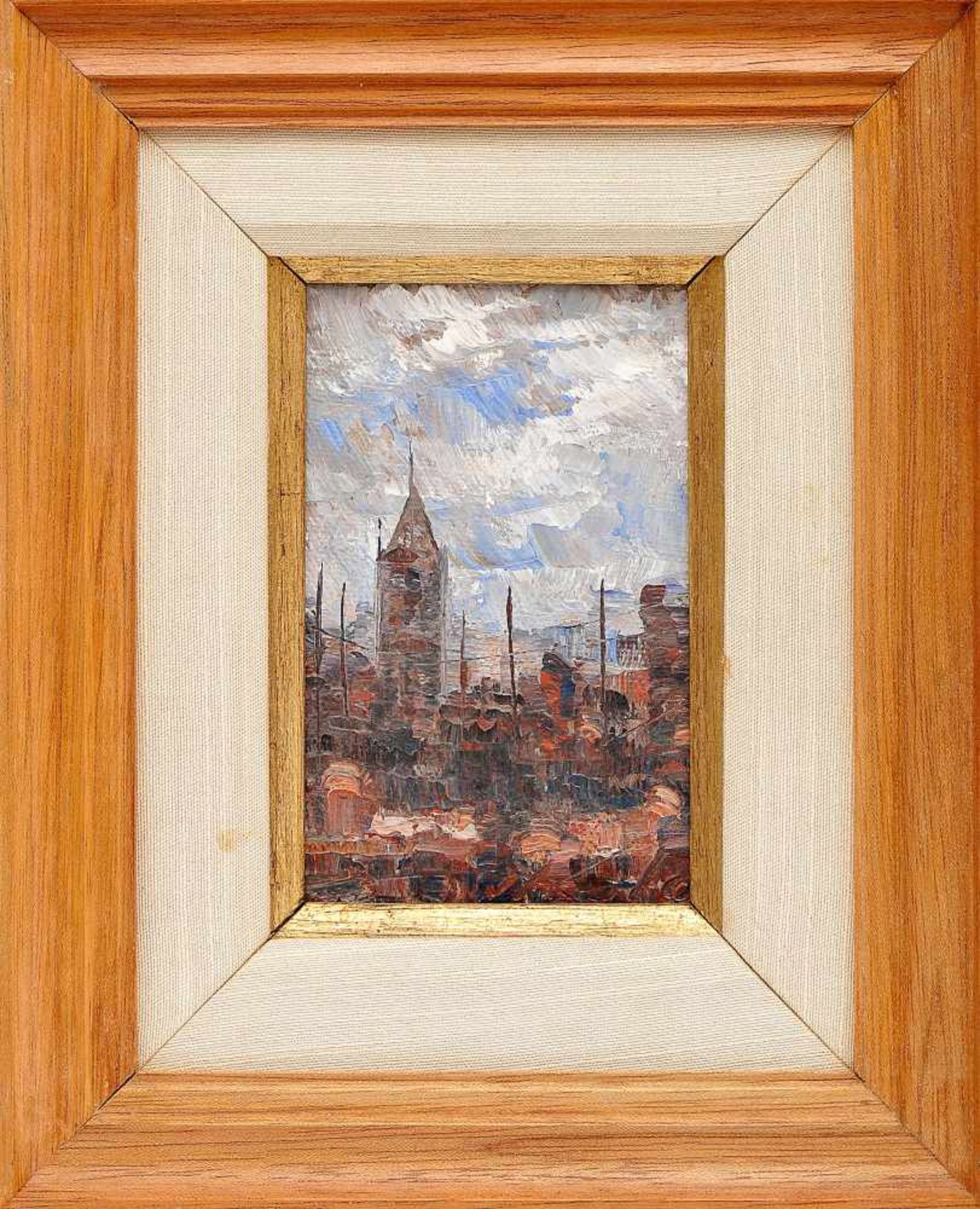 "Rio à tarde", oil on wood, Brazilian school, 20th C., unidentified signature, dedication on the