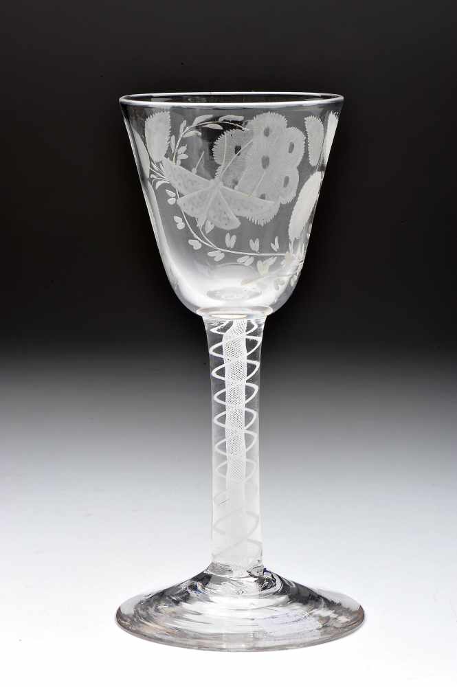 A Goblet, cristal, acid-engraved decoration "Leaves, flowers and butterfly", foot with milky - Image 2 of 2