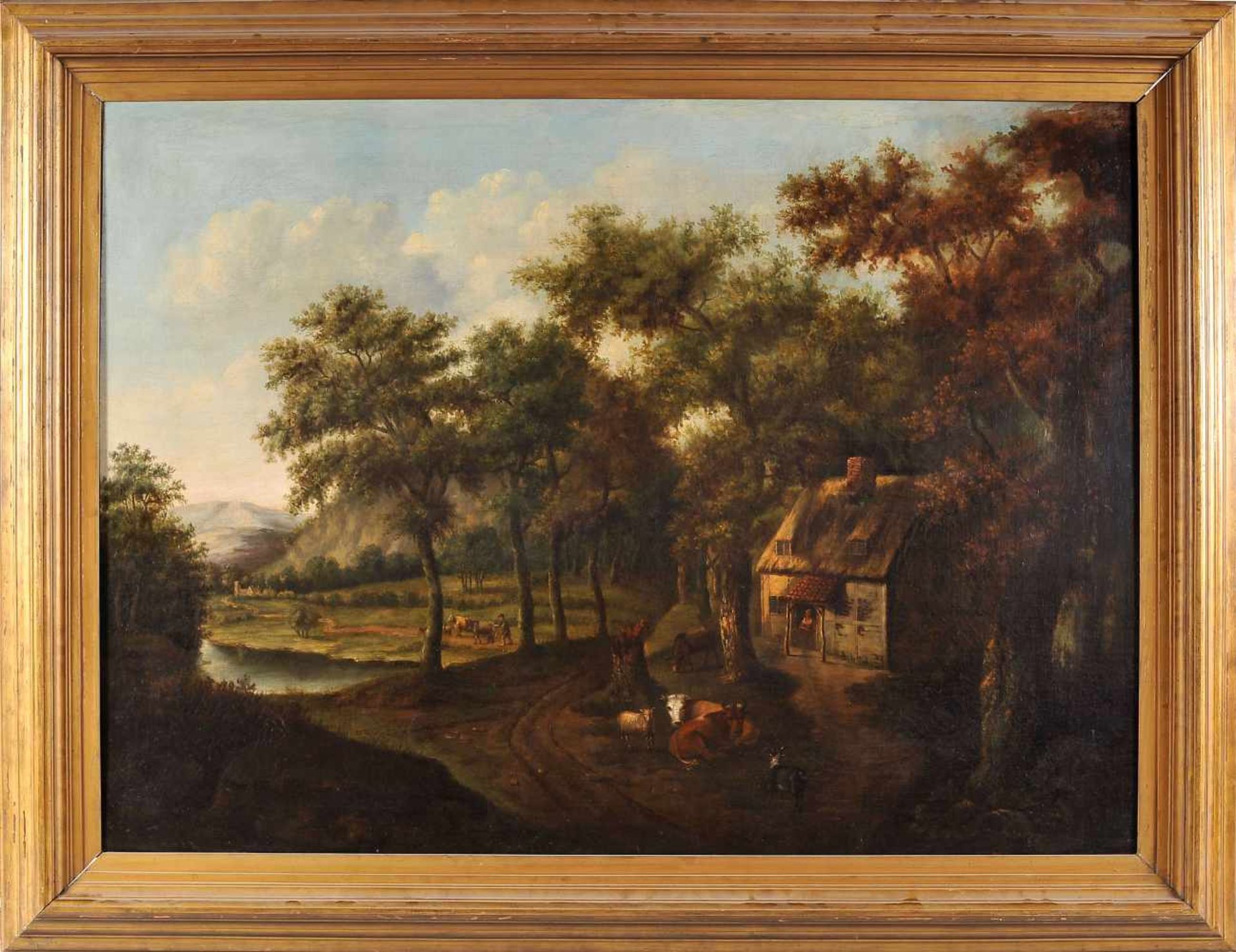 Landscape with house, figures and livestock, oil on canvas, English school, 18th/19th C., reline,