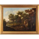 Landscape with house, figures and livestock, oil on canvas, English school, 18th/19th C., reline,