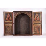 An Oratory, Brazilian rosewood, padded doors and sides, interior with carved and painted arch "