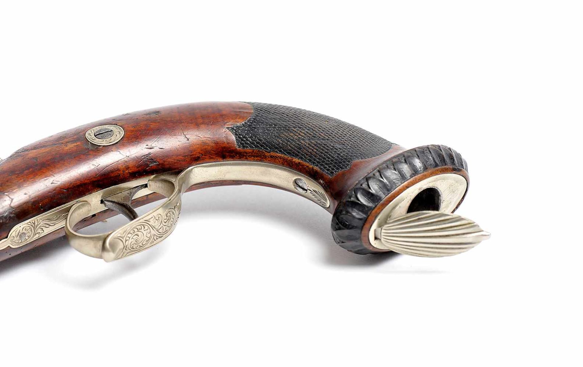 A Percussion Pistol, carved walnut and iron, engraved decoration, European, 19th C. (mid), Dim. - 34 - Bild 2 aus 2