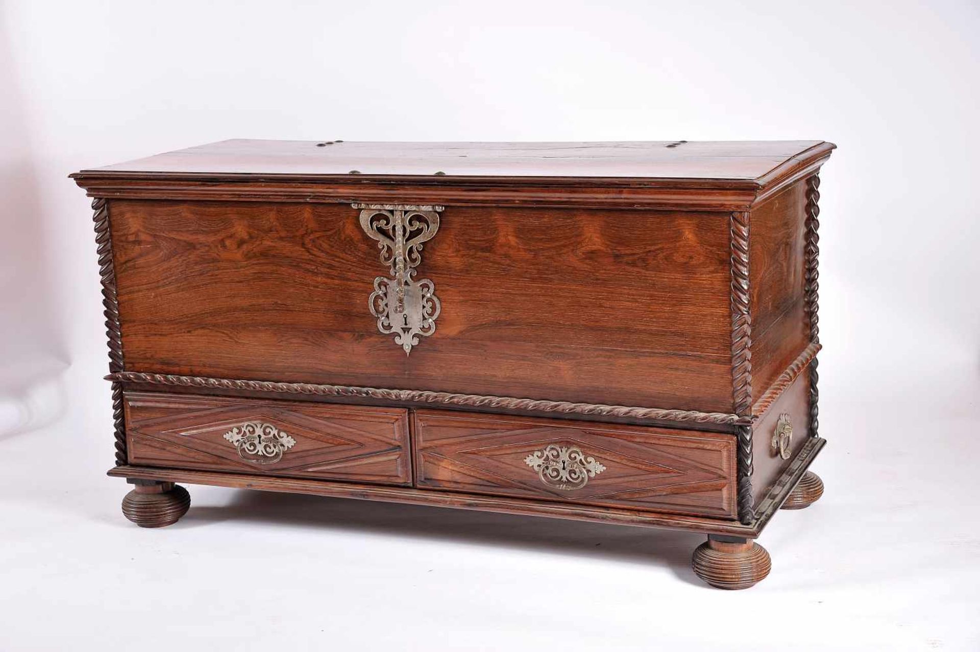 A Large Chest with Two Drawers, mannerist, Brazilian rosewood, ripple moulded friezes, padded