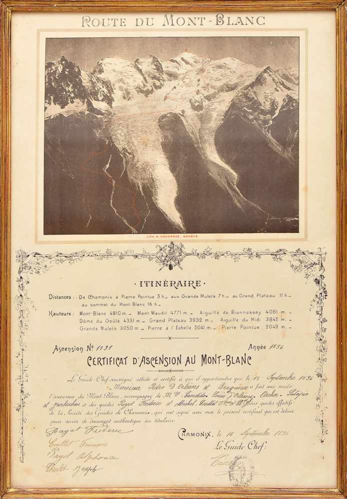 Certificate of the climb of Mont Blanc in the Alps by Prince D. Pedro de Alcantara Orléans and