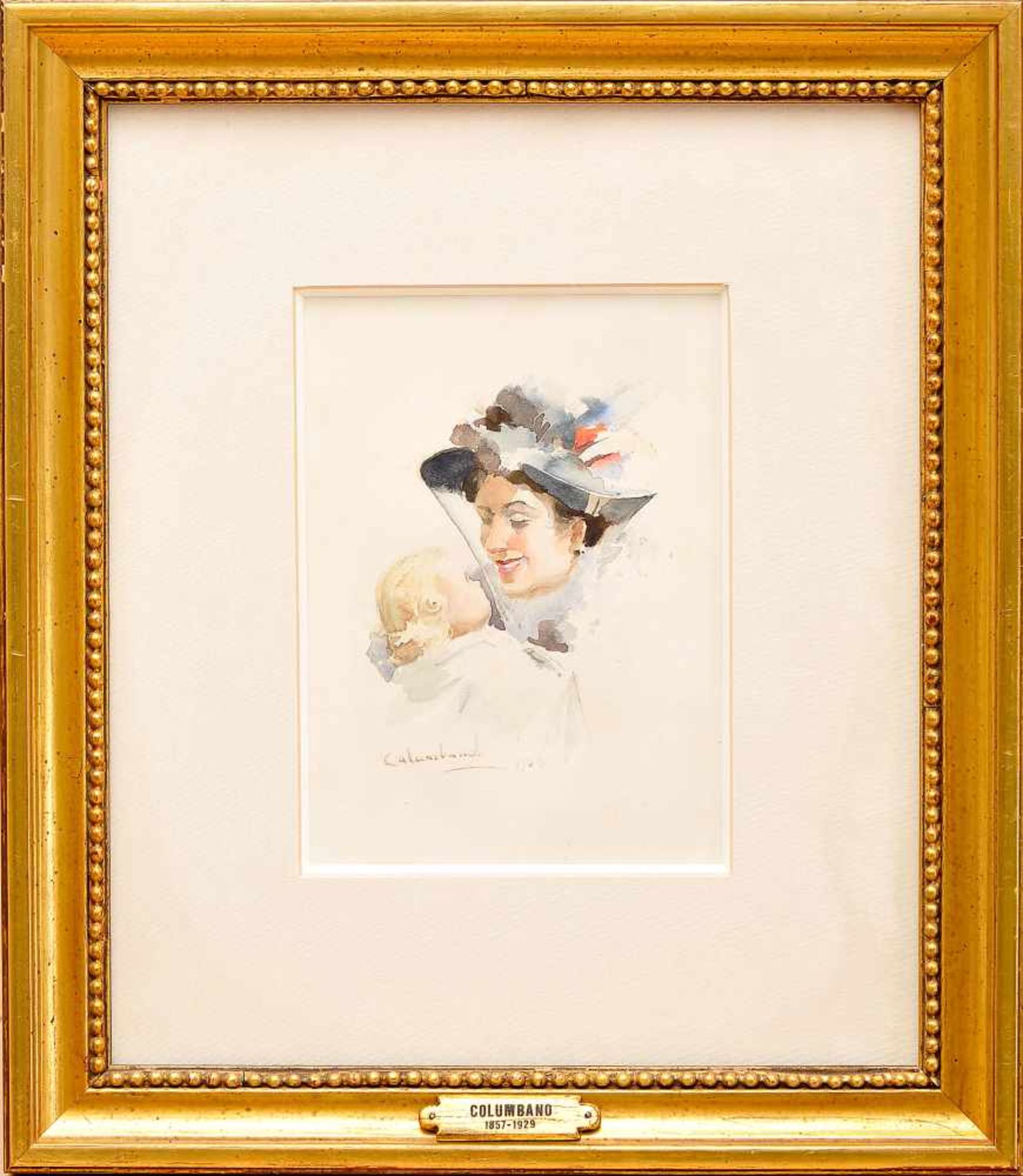 COLUMBANO BORDALO PINHEIRO - 1857-1929, A Lady holding a Baby, watercolour on paper, signed and
