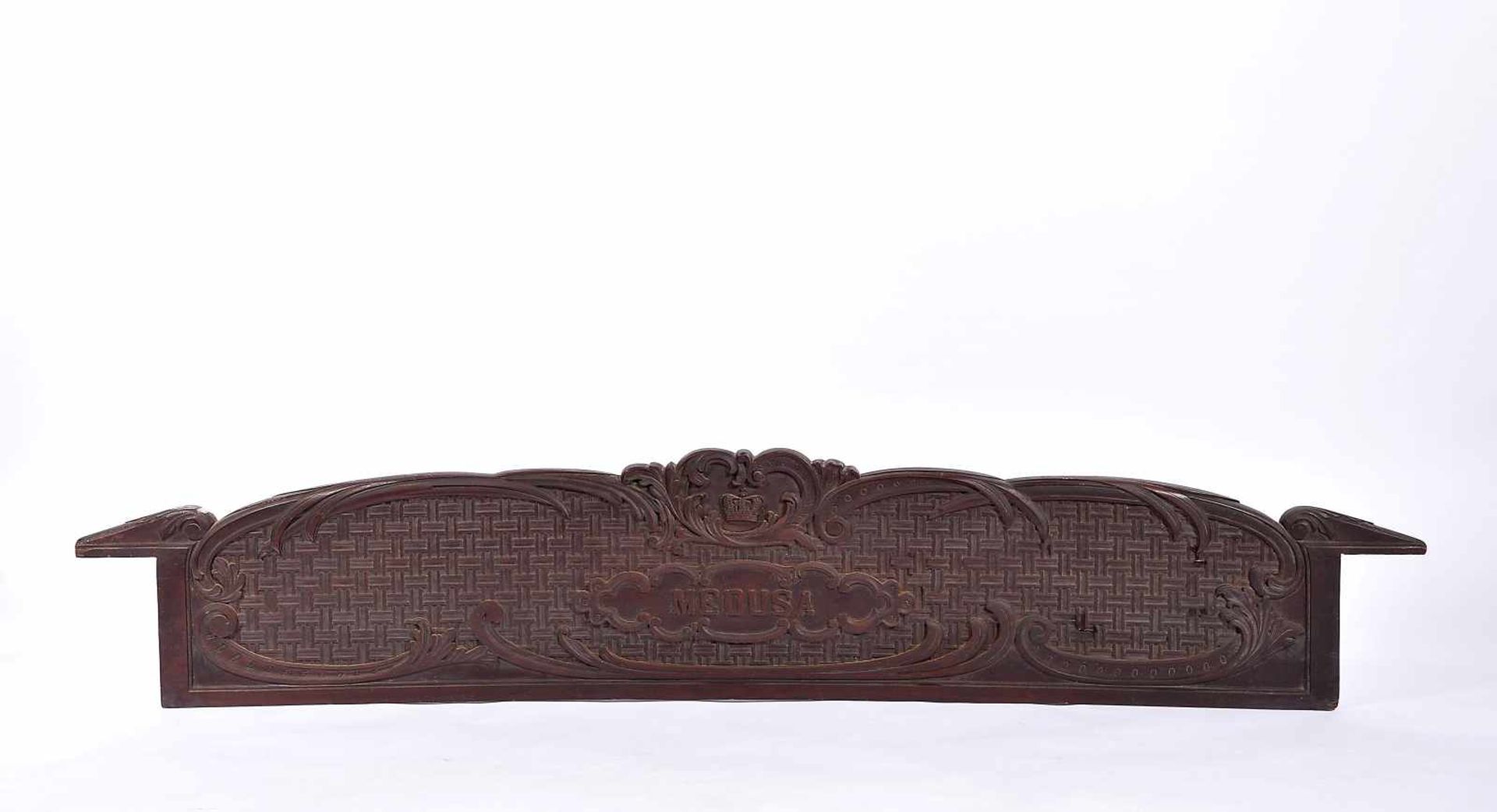 A Plaque of the «Medusa Canoe» property of Queen Dona Amélia of Portugal, carved and painted wood